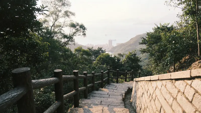 山间石阶步道，远处是海湾与城市